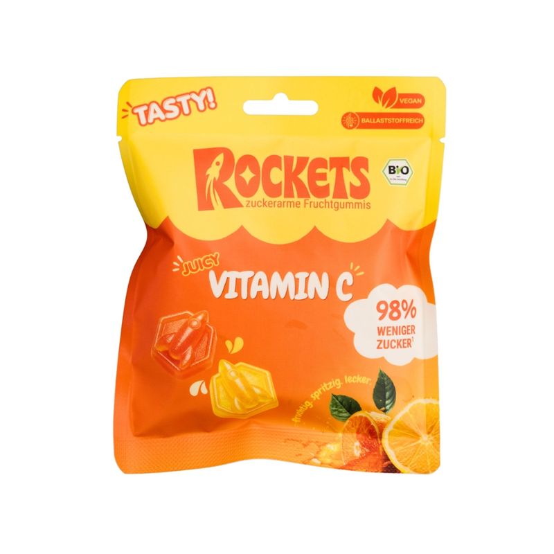 Rockets zuckerarme Bio Fruchtgummis mit natürlichem Vitamin C aus Hagebutten mit Orangen und Zitronen Geschmack - Produktbild