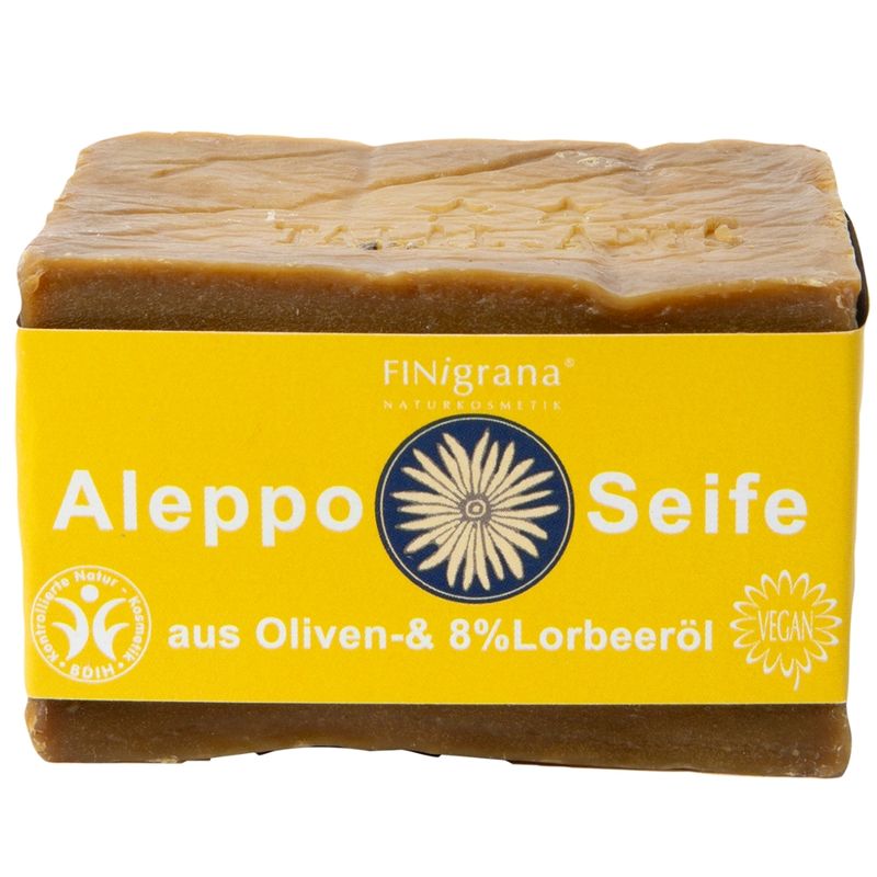 FINigrana® Naturkosmetik FINIgrana Aleppo Olivenseife mit 8% Lorbeeröl, 200g traditionell handgeschnittener Naturblock, milde Pflanzenseife für alle Hauttypen zur täglichen Reinigung und Pflege empfehlenswert - Produktbild