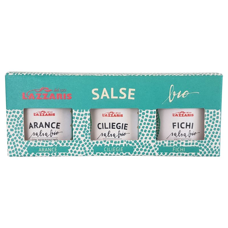 LUIGI LAZZARIS & FIGLIO s.r.l. Dreierlei Bio Saucen, Feige-Senf - Kirsch-Ingwer - Orange-Chili - Produktbild