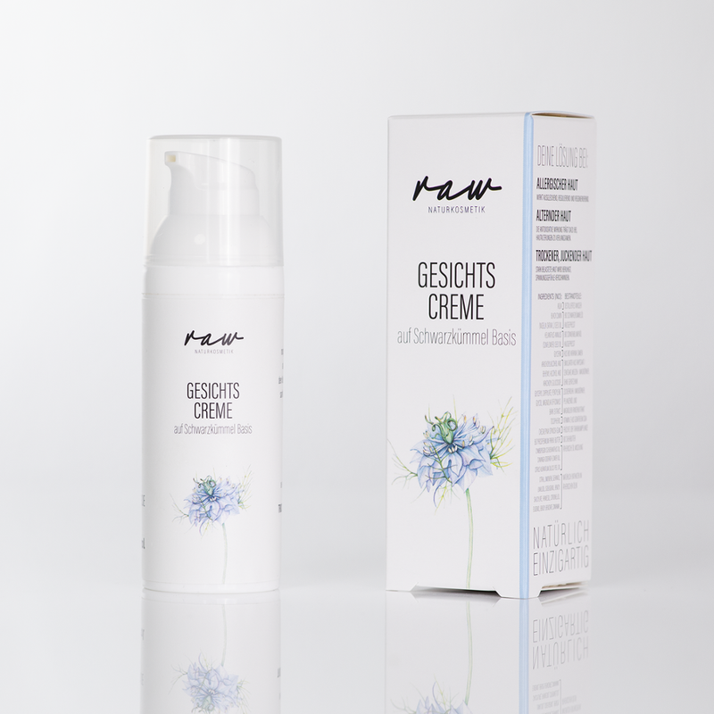 raw Naturkosmetik Gesichtscreme Schwarzkümmelöl ideal für allergische, juckende und trockene Haut. Für extrem sensible Haut geeignet, bei Allergien, Neurodermitis oder Akne. Auch als Ersatz für After-Shave. Mit Kaltgepresstem Bio Schwarzkümmlöl. - Produktbild
