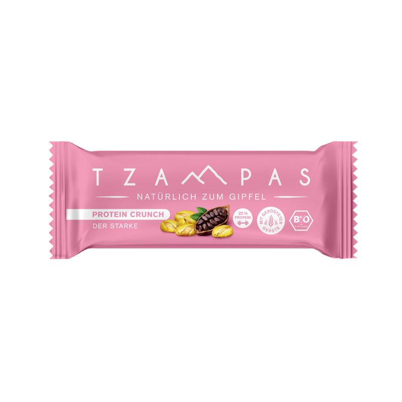 TZAMPAS TZAMPAS Proteinriegel Protein Crunch - Der Starke. Natürlich zum Gipfel. Mit Gerösteter Gerste, Kakao und gerösteten Sojabohnen. - Produktbild