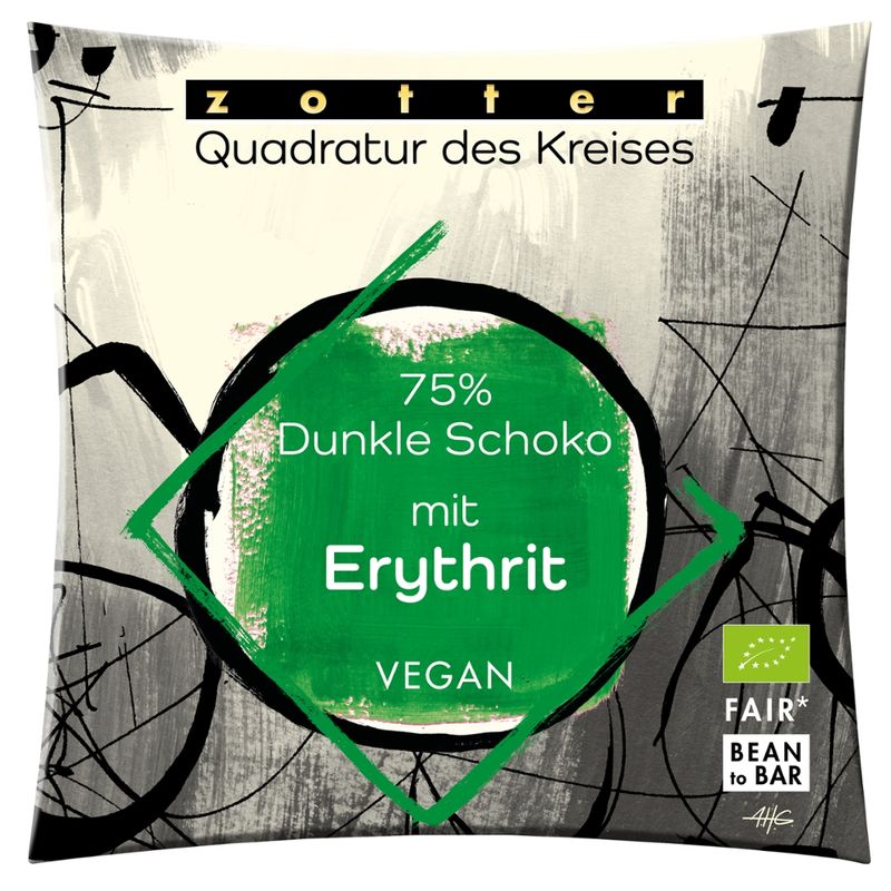 Zotter Schokolade Quadratur des Kreises - 75% Dunkle Schoko mit Erythrit - Produktbild