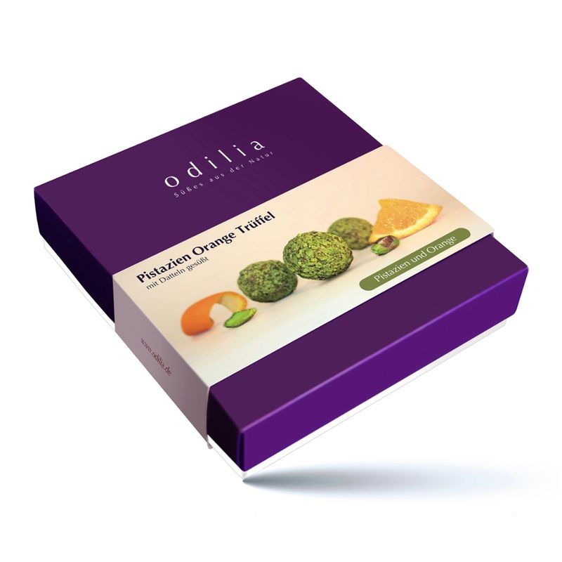 odilia Handgemachte Bio Pistazie-Orange Trüffel – 9er Geschenkbox (135 g), natürlich mit Datteln gesüßt - Produktbild