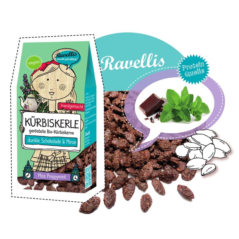 Ravellis "MISS PREPPYMINT" Geröstete Bio-Kürbiskerne veredelt mit dunkler Schokolade & Minze - Produktbild