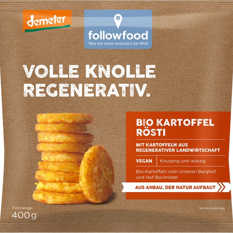 followfood Kartoffelerzeugnis aus geraspelten Kartoffeln, gewürzt, in Pflanzenöl vorgebacken, tiefgekühlt. - Produktbild