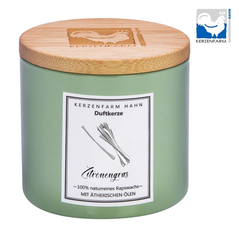 Kerzenfarm Hahn Duftkerze im Trendglas mit Holzdeckel, salbei, mit Rapswachs befüllt, Zitronengras - Produktbild