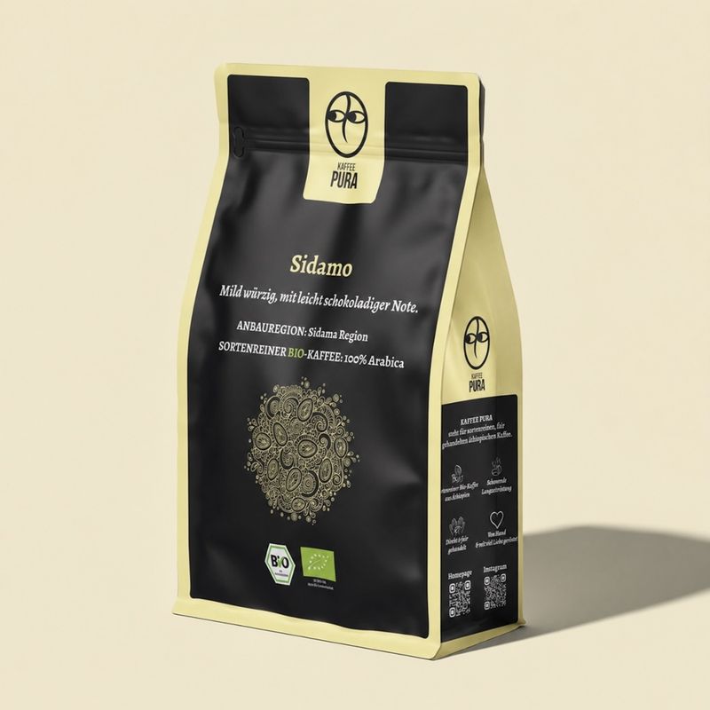KAFFEE PURA Sidamo Kaffee, BIO & fair gehandelt, gemahlen, 100% Arabica, Äthiopien - Produktbild
