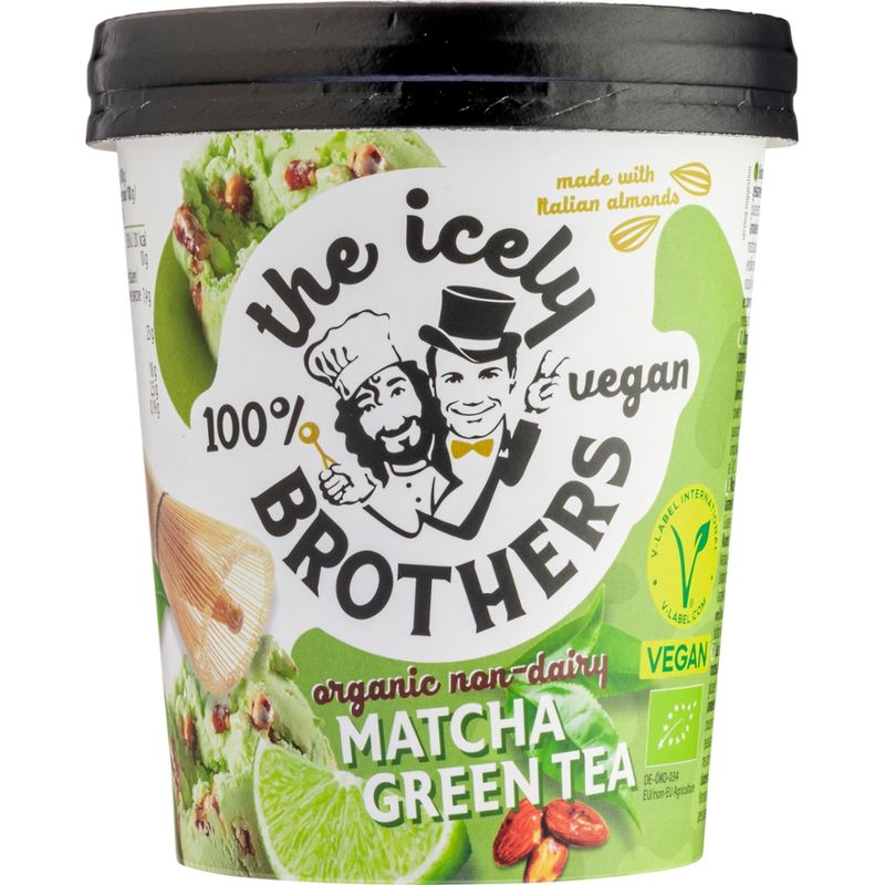 The Icely Brothers The Icely Brothers - Vegan BIO-Eis/Vegan Organic Ice Cream: Matcha Grünteegeschmack mit Limettengeschmack und Karamellisierter Mandelstücken / Matcha Green tea flavoured ice cream with lime flavour and Caramelised Almond pieces 460ml - Produktbild