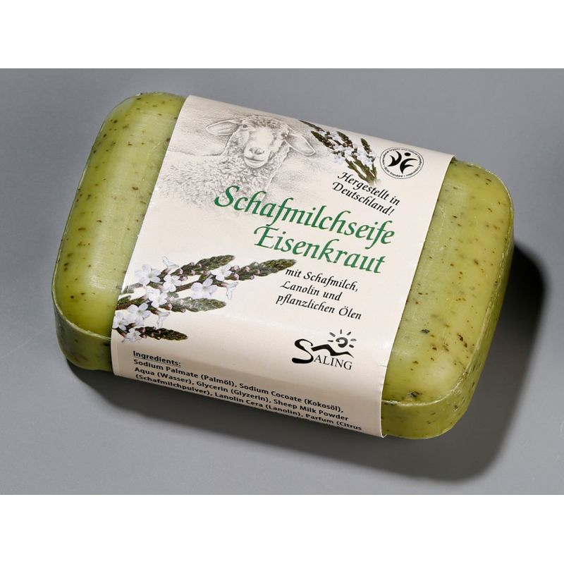 Saling Schafmilchseife Eisenkraut 100g mit Banderole, BDIH zertifiziert, im Verkaufsdisplay - Produktbild