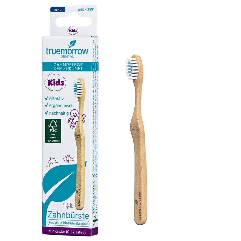 truemorrow Bambus Zahnbürste für Kinder, zertifiziert nachhaltig, plastikfreier, biologisch abbaubarer Griff, 100% vegan - Produktbild