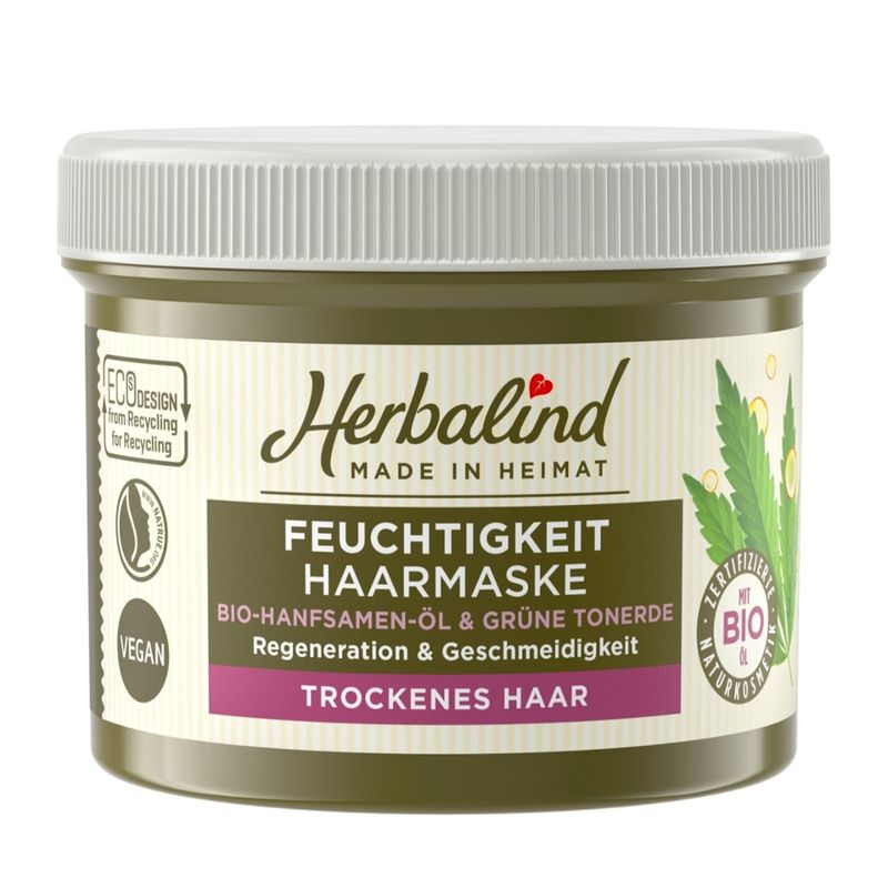 Herbalind Haarmaske Feuchtigkeit Bio-Hanfsamen-Öl & grüne Tonerde sorgt für Regeneration und Geschmeidigkeit - für trockenes Haar - Produktbild