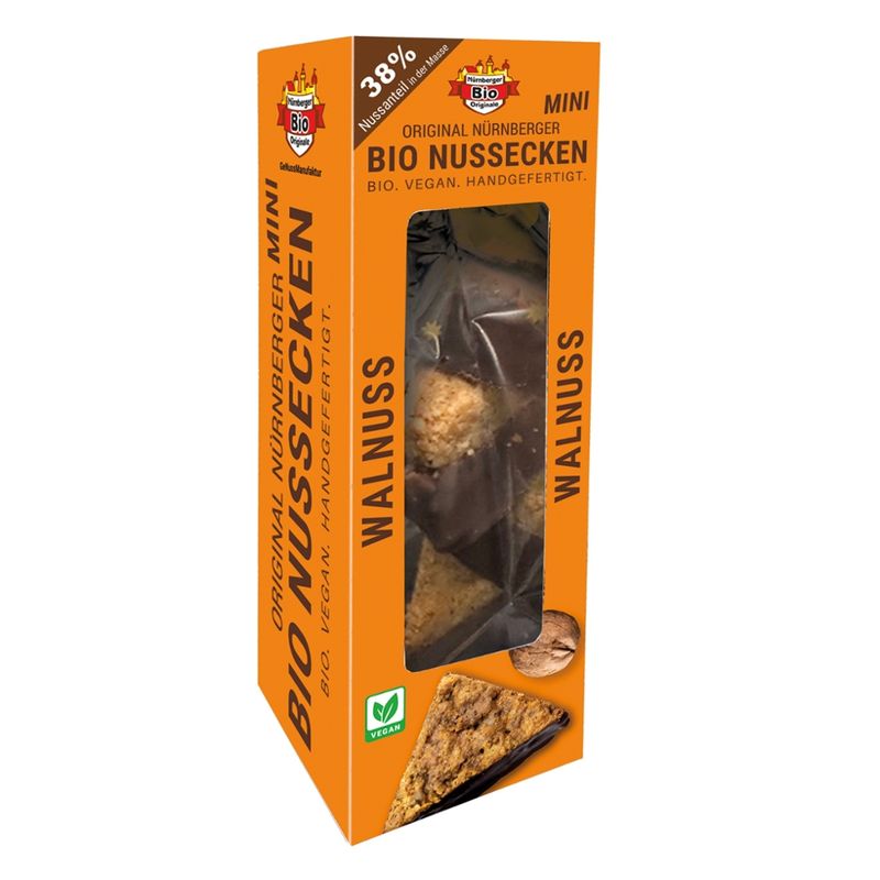Nürnberger Bio Originale 5 Mini Bio-Nussecken Walnuss, schokoliert, in Designbox, min. 30g - Produktbild