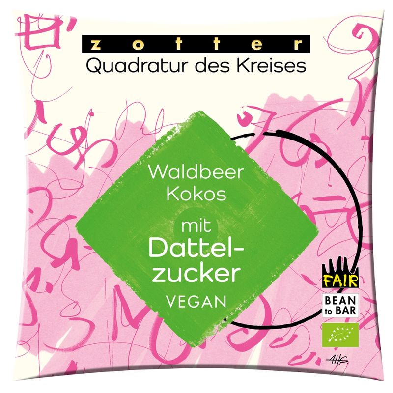 Zotter Schokolade Quadratur des Kreises - Waldbeer Kokos mit Dattelzucker VEGAN - Produktbild