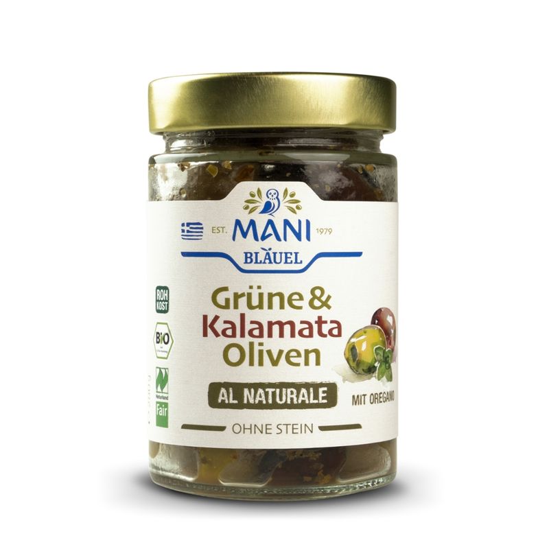 MANI® MANI Grüne & Kalamata Oliven al naturale, entkernt, bio, NL Fair - Produktbild