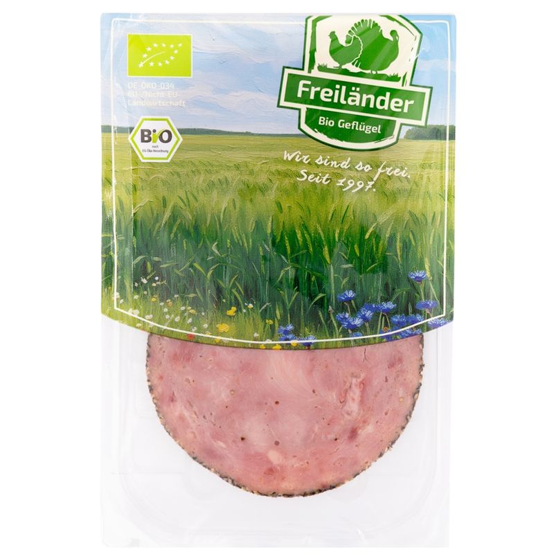 Freiländer Bio Geflügel Geflügel Böhmerwurst mit Pfefferrand 80 g geschnitten MAP 3er Gebinde - Produktbild