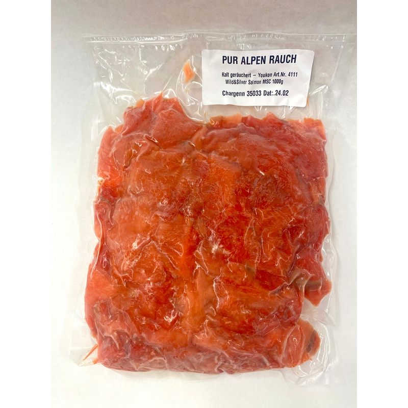 Youkon Wilder Lachs  YOUKON Alaska Wildlachs Silver Räucherzuschnitte, geschnitten, MSC Wildfang, 1 kg, kalt geräucherte Streifen und Stücke vom Alaska Wildlachs ohne Haut - Produktbild