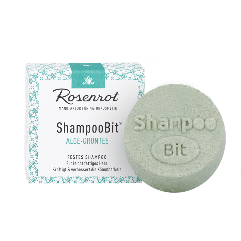 Rosenrot Naturkosmetik festes ShampooBit® Algen-Grüntee - 55g - in Schachtel - Die Kombination von den Algen (kbA), Grünem Tee (kbA) und ätherischem Rosmarienöl (kbA) ist die optimale Nährstoffversorgung der Haarwurzeln und spendet der Kopfhaut Feuchtigkeit. - Produktbild