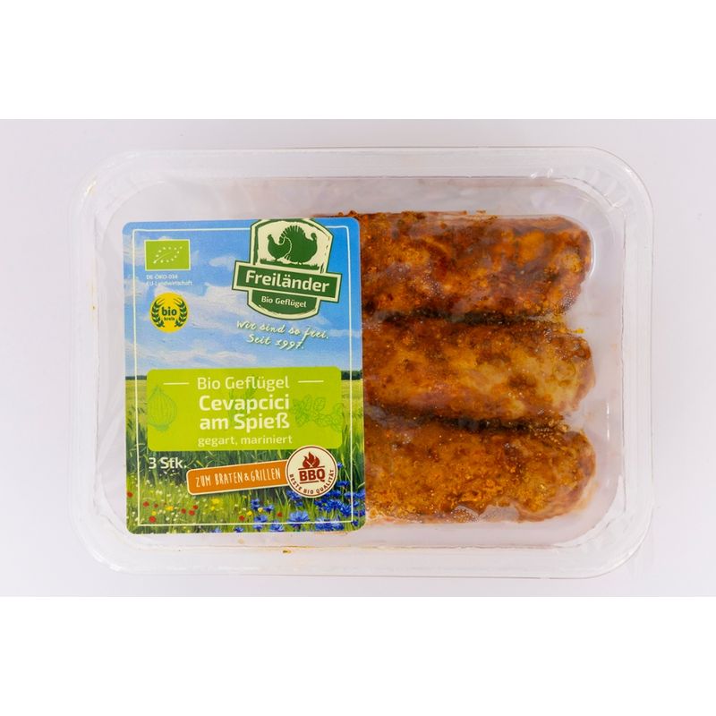 Freiländer Bio Geflügel Cevapcici Spieß gegart mariniert Paprika 3 x 72 g in MAP - Produktbild