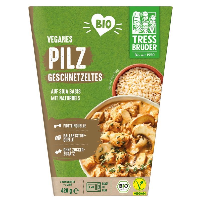 Tress Brüder veganes Bio Pilz-Geschnetzeltes mit herzhaft gebratenem Soja-Fleischersatz und Naturreis - Produktbild