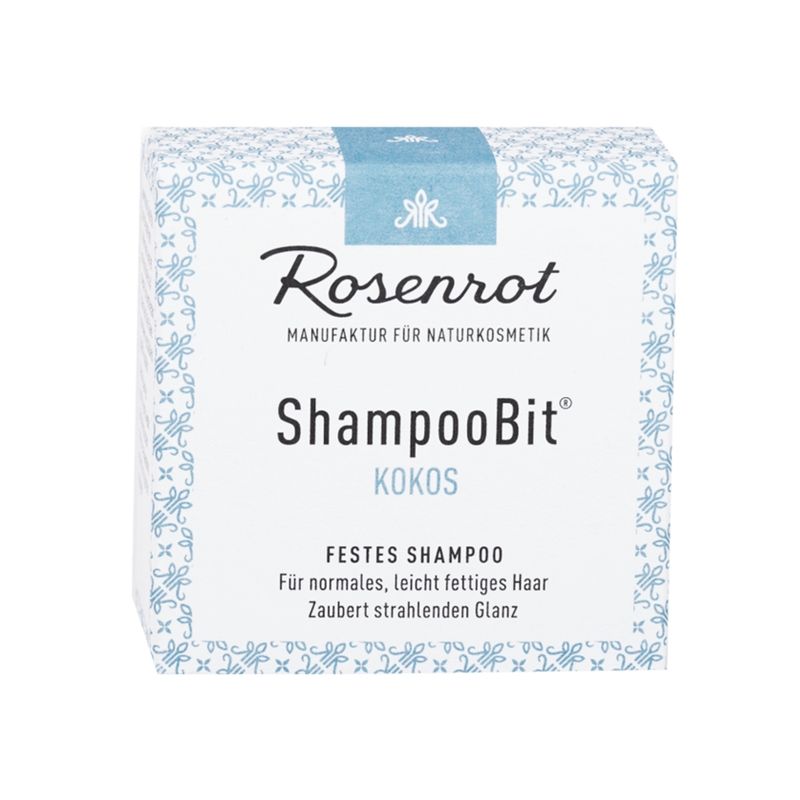 Rosenrot Naturkosmetik festes ShampooBit® Kokos - 55g - in Schachtel - Ein wundervolles festes Shampoo Kokos für glänzende Haare. Pflegende Bioöle (kbA) verwöhnen und regenerieren und sind eine Wohltat für Haar und Kopfhaut. - Produktbild