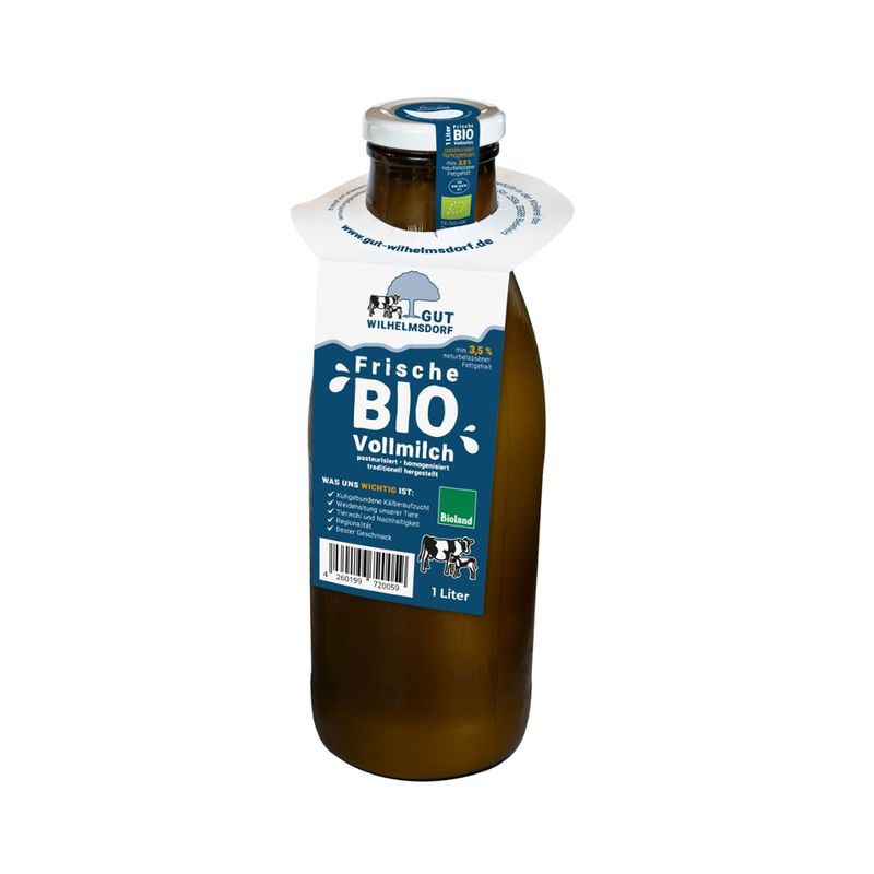 Gut Wilhelmsdorf 1L Bioland frische Weidemilch mit natürlichen Fettgehalt in der Glasflasche, kuhgebundene Kälberaufzucht auf dem Gut Wilhelmsdorf - Produktbild