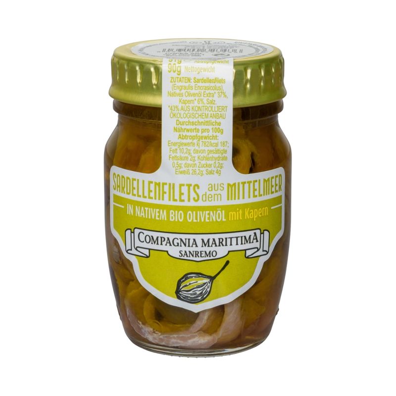 Compagnia Marittima Sanremo  Handgelegte Sardellenfilets mit Kapern aus dem Mittelmeer in nativem Bio Olivenöl - Produktbild