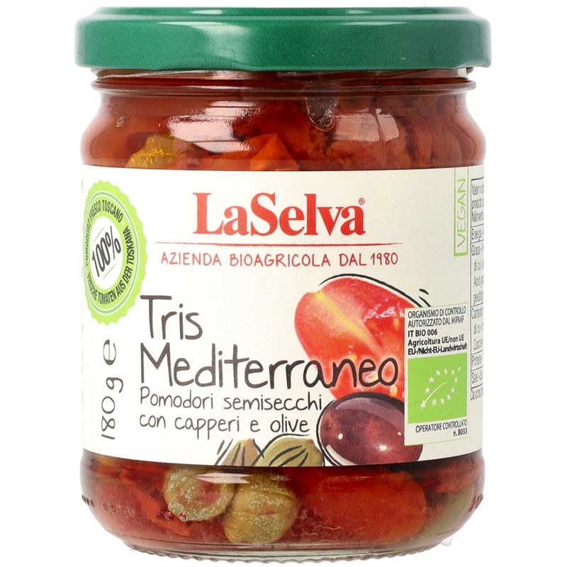 LaSelva Tris Mediterraneo-Halbgetrocknete Tomaten mit Kapern und Oliven in Öl - Produktbild