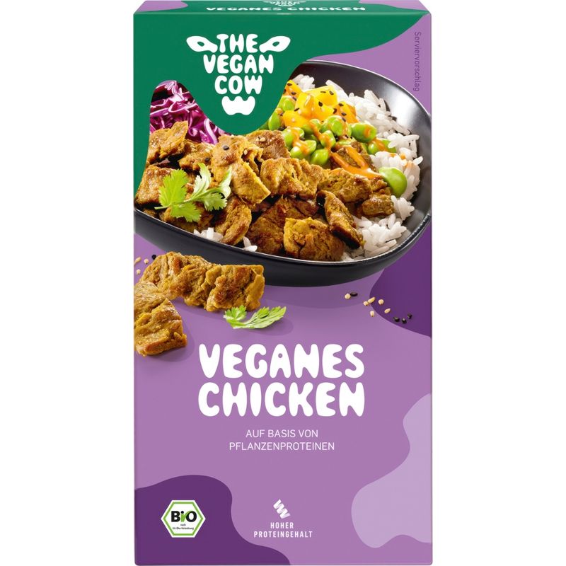 THE VEGAN COW BIO VEGANE STREIFEN AUF BASIS VON PFLANZEN PROTEINISOLATEN (31%), MARINIERT NACH HÄHNCHEN-ART. - Produktbild