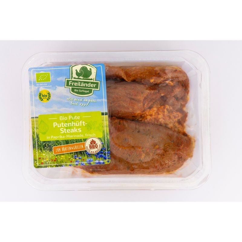 Freiländer Bio Geflügel Bio Putenhüftsteaks, aus der Oberkeule, frisch, ohne Haut, mariniert , Bio - Produktbild