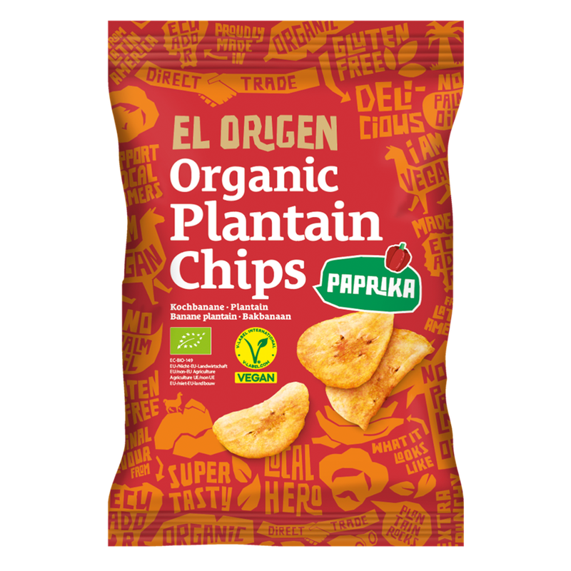 el origen Bio Kochbananen Chips mit Paprika, 80 g – aus direct trade, bio-zertifiziert, vegan, ohne Palmöl, glutenfrei, ohne Zusätze - Produktbild