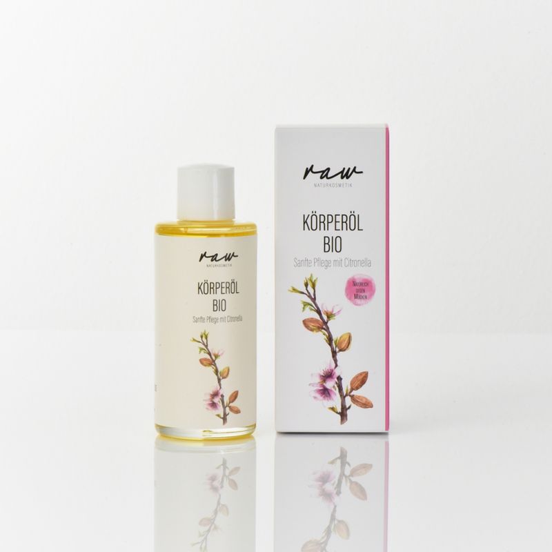 raw Naturkosmetik Bio Körperöl mit Citronella – Natürlicher Schutz vor Mücken, Insekten & Zecken  Pflegendes Mandelöl für trockene Haut  Belebender Duft gegen Stress & Anspannung  Vegan & Bio zertifiziert - Produktbild
