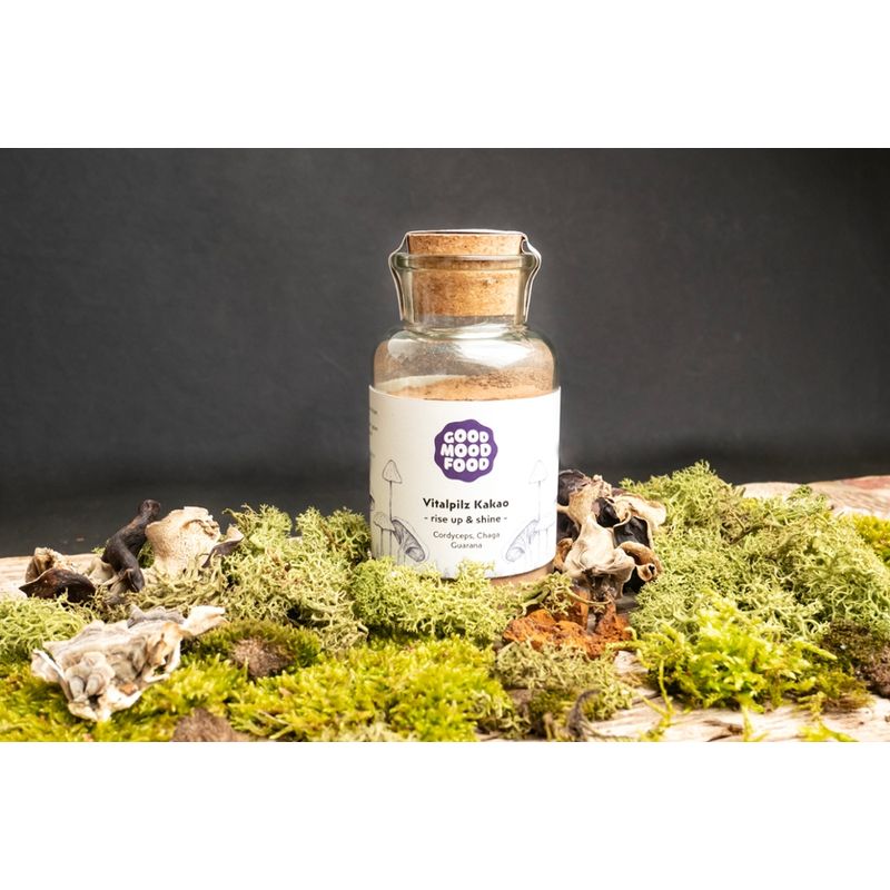 goodmoodfood Vitalpilz Kakao, Rise Up & Shine, mit Extrakten aus Cordyceps und Chaga + Guarana, 210g, im Glas - Produktbild