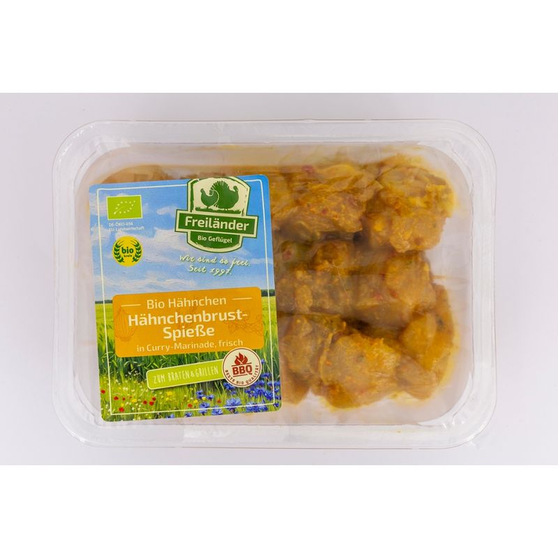 Freiländer Bio Geflügel Bio Hähnchenbrustspieß in Curry Marinade, frisch, MAP-Schale - Produktbild