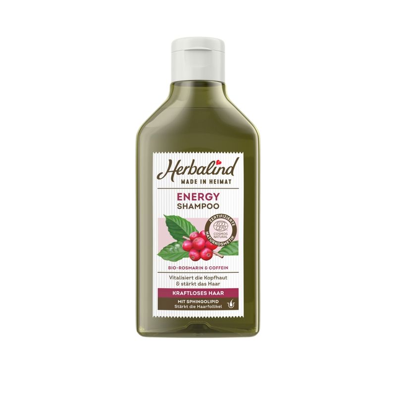 Herbalind Shampoo Energy  Bio Rosmarin & Coffein stärkt das Haar von der Wurzel an, vitalisiert die Kopfhaut und verleiht kraftlosem Haar spürbar neue Vitalität und Widerstandskraft - Produktbild