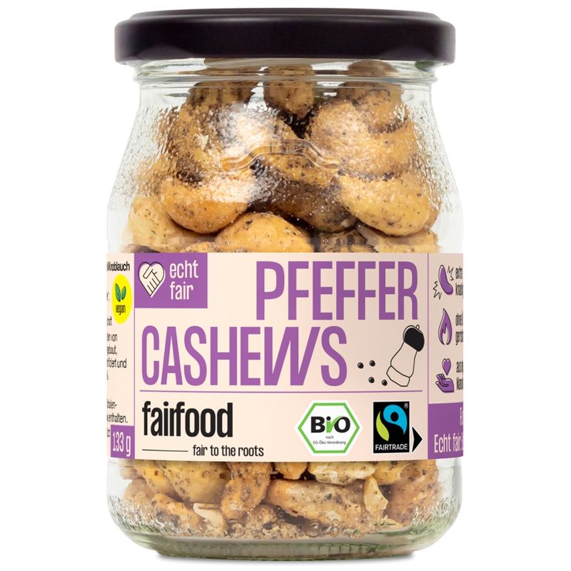 fairfood Freiburg Faire Cashews mit Pfeffer geröstet (133g, Pfandglas klein, Bio & Fairtrade) - Produktbild