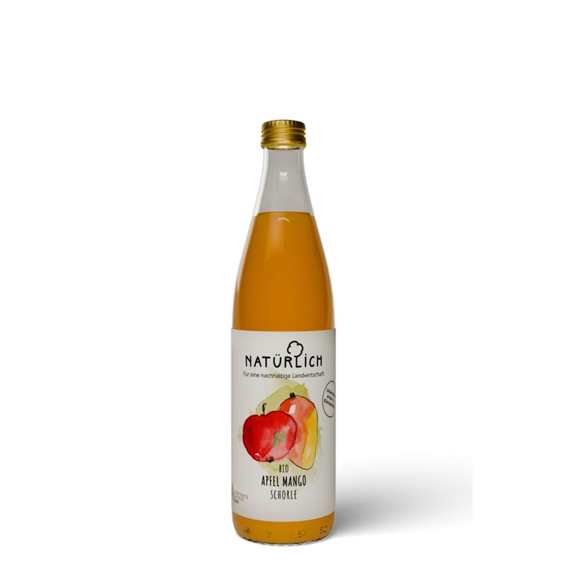 Natürlich Apfel Mango Schorle - naturtrübe Schorle aus Direktsaft aus Äpfel vom eigenen Anbau am Ammersee mit Mangopüree verfeinert - Produktbild