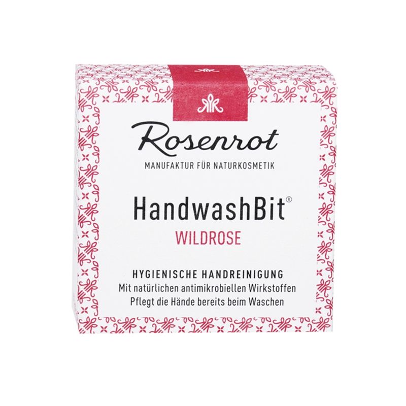 Rosenrot Naturkosmetik HandwashBit® - feste Waschlotion Wildrose - 55g - in Schachtel - Mit edlem Rosenöl und eleganter Blumennote. Voluminöses Duftbouquet von Hecken- und Wildrosenaromen. - Produktbild