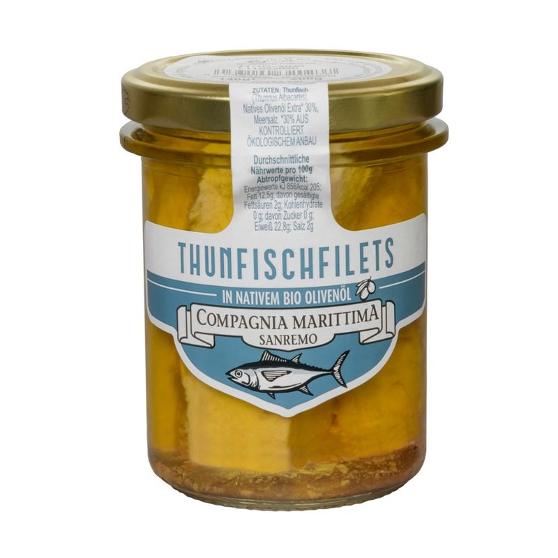 Compagnia Marittima Sanremo  Thunfisch-Filets am Stück - handgelegt & schonend gegart - in nativem Bio-Olivenöl - Produktbild