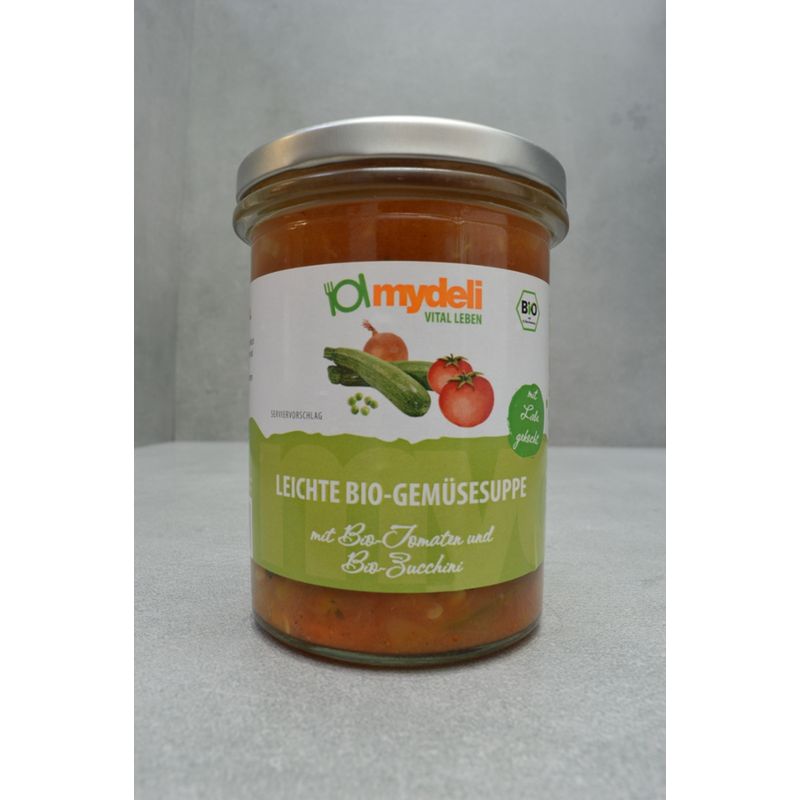 mydeli BIO Leichte Gemüsesuppe (Gemüseauswahl aus Karotten, Erbsen, Zucchini und Sellerie in kräftiger Brühe) - Produktbild