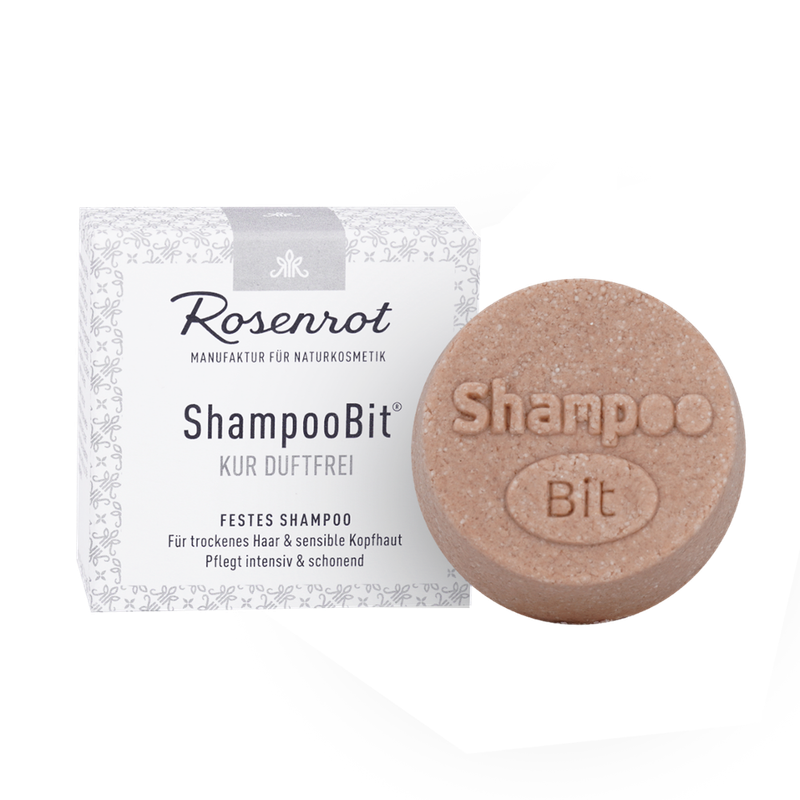 Rosenrot Naturkosmetik festes ShampooBit® Kur duftfrei - 55g - in Schachtel - Extra reichhaltiges und cremiges Pflegeshampoo für schwer zu kämmende, trockene und auch lockige Haare.  So wirksam wie eine Haarkur, aber ohne zu beschweren. Auch bei Schuppen sehr zu empfehlen. - Produktbild