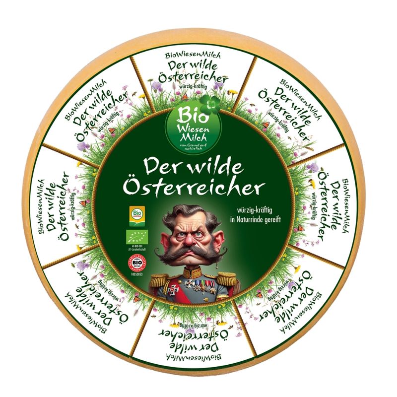BioWiesenmilch BWM der wilde Österreicher Schnittkäse 50 % F.i.Tr. aus pasteurisierter Bio Wiesenmilch, in Naturrinde  gereift, - Produktbild