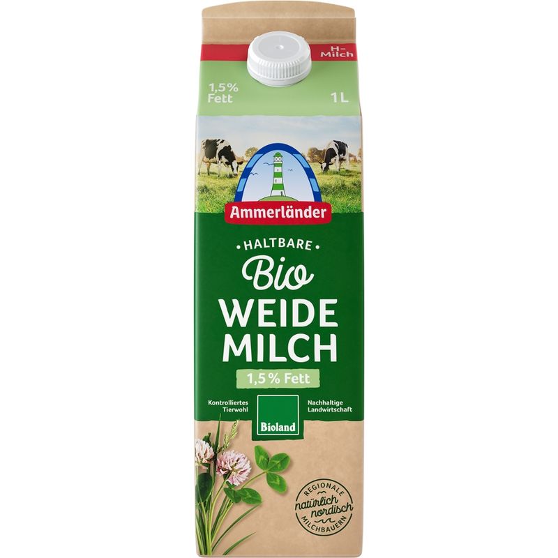 Ammerländer Bio Weide H-Milch 1,5% Bioland 1 Ltr Ammerländer - Produktbild