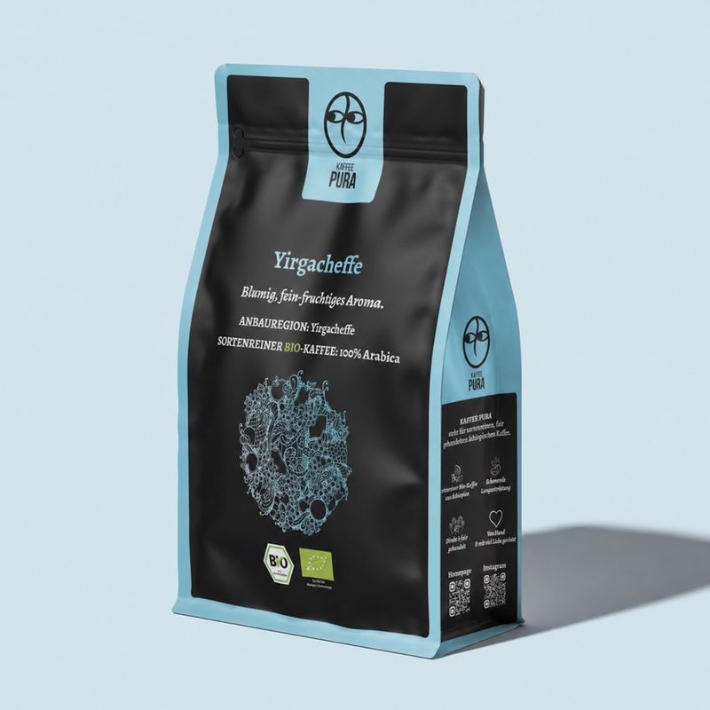 KAFFEE PURA Yirgacheffe Kaffee, BIO & fair gehandelt, ganze Bohne, 100% Arabica, Äthiopien - Produktbild