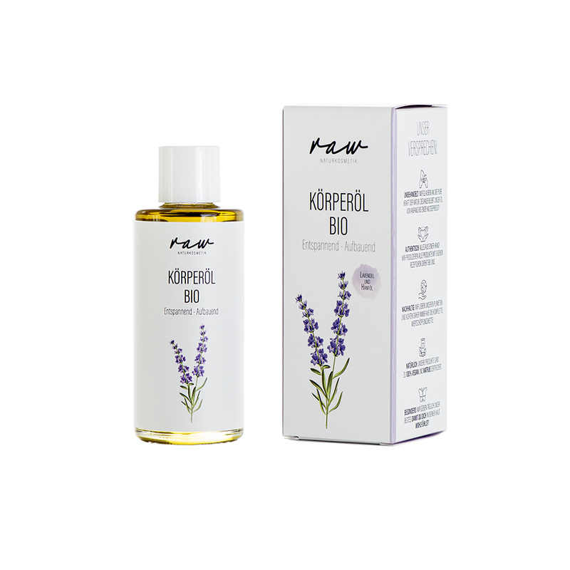 raw Naturkosmetik Körperöl Entspannend und Aufbauend mit Lavendel sowie kaltgepresstem Bio Hanföl, ideal bei gestresster, stark beanspruchter Haut. Das Bio Öl dringt tief in die Haut ein, pflegt sie intensiv und kann Dehnungsstreifen entgegenwirken. - Produktbild