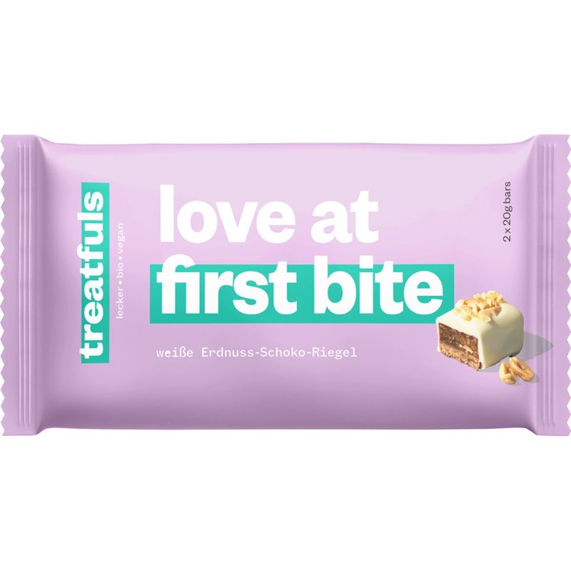 treatfuls treatfuls Bio Erdnuss-Riegel mit Dattelkaramell und weißem Schokoladenüberzug- love at first bite - Produktbild