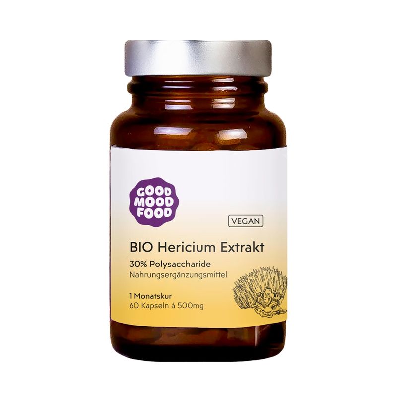 goodmoodfood BIO Hericium (Lion´s mane oder auch Igelstachelbart) Extrakt, Monatskur, 60 Kapseln a´500mg, 30% Polysaccharide - Produktbild