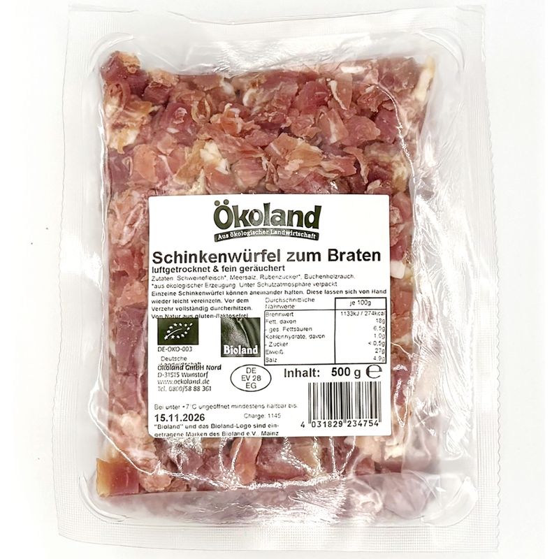 ÖKOLAND Premium Schinkenwürfel luftgetrocknet & fein geräuchert, über 4 Monate gereift - Produktbild