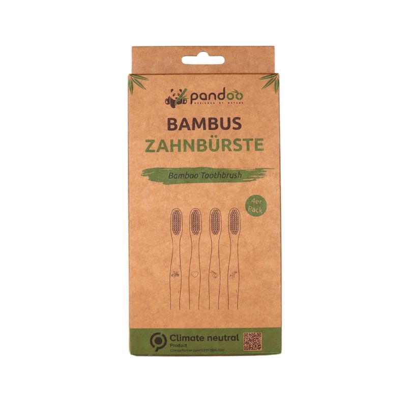 pandoo Natürliche Handzahnbürsten aus Bambus sind mehr als nur eine nachhaltige Alternative zu Plastikzahnbürsten. Die mittelweichen Borsten schonen das Zahnfleisch und sorgen für schöne weiße Zähne - Produktbild