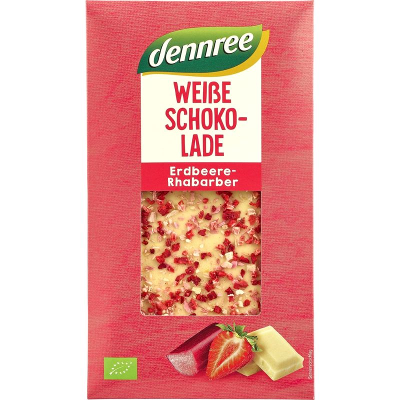 dennree Weiße Schokolade bestreut mit Erdbeer- und Rhabarberstückchen - Produktbild