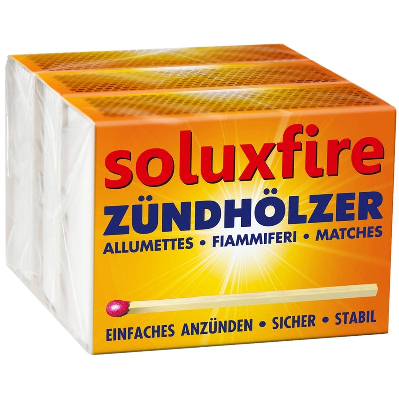 soluxfire  soluxfire Zündhölzer 3 er Würfel - 3 x 100 Stück - 55 mm - FSC zertifiziert - Europäische Produktion in Schweden - Sicherheitszündhölzer - kein Funkenflug - kein Nachglimmen - kein Selbstentzünden - sehr stabil - Espenholz - Produktbild